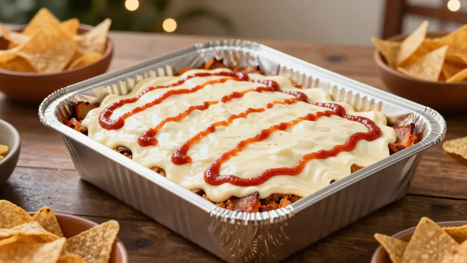 Copa mexicana en bandeja familiar, cubierta de salsa de queso y salsa de tomate